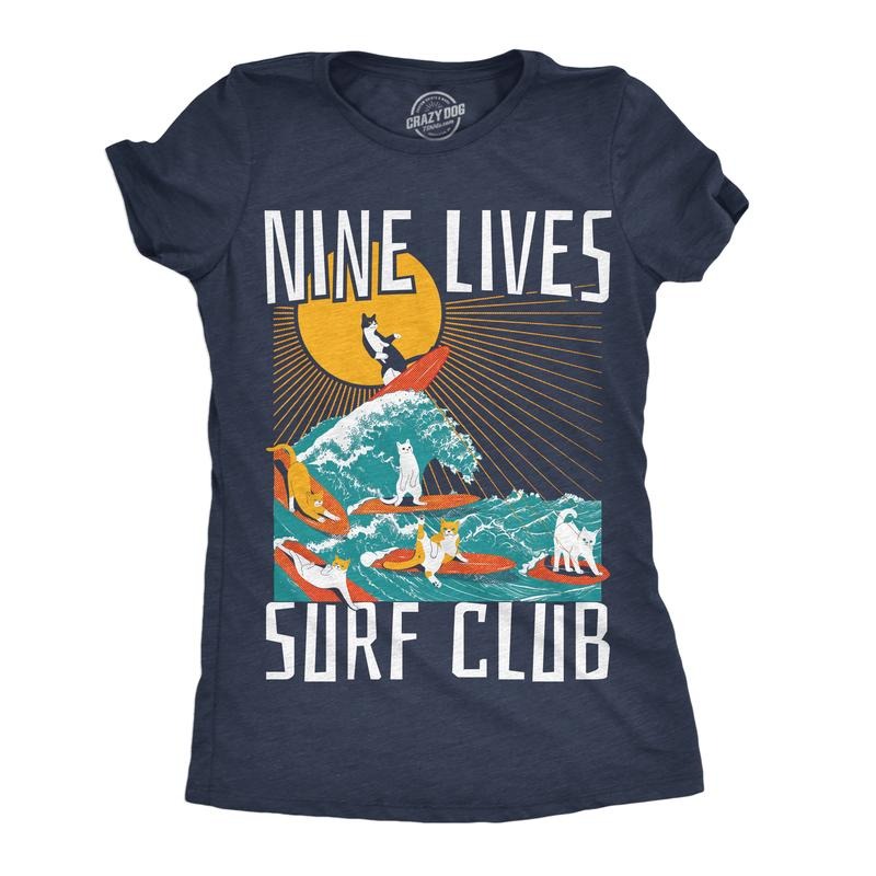 Womens Nine Lives Surf Club Funny T Shirt Cat Graphic Tee for Ladies Funny Womens T Shirts Cute Slimming Top Comfortable Soft Womenswear Sarcastic Tops for Women Funny Cat Top Women's Novelty Tees Navy -