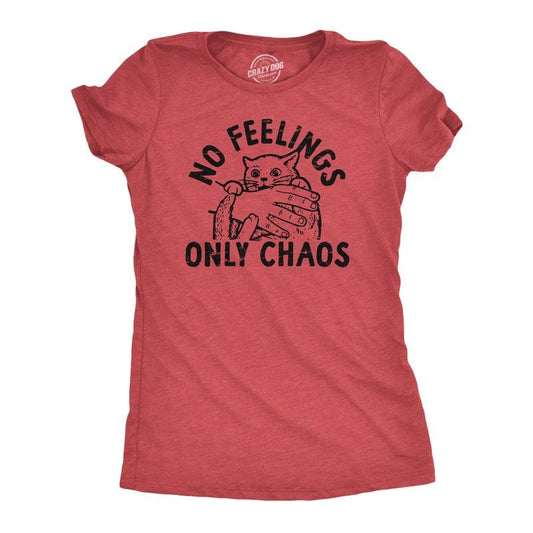 Womens No Feelings Only Chaos T Shirt Funny Crazy Insane Attacking Kitten Joke Tee For Ladies Funny Womens T Shirts Cute Slimming Top Comfortable Soft Womenswear Sarcastic Tops for Women Funny Cat Top Red -