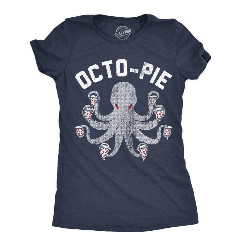 Womens Octo Pie T Shirt Funny Pizza Lovers Octopus Joke Tee For Ladies Funny Womens T Shirts Cute Slimming Top Comfortable Soft Womenswear Animal Tops for Women Funny Food Top Women's Novelty Tees Navy -