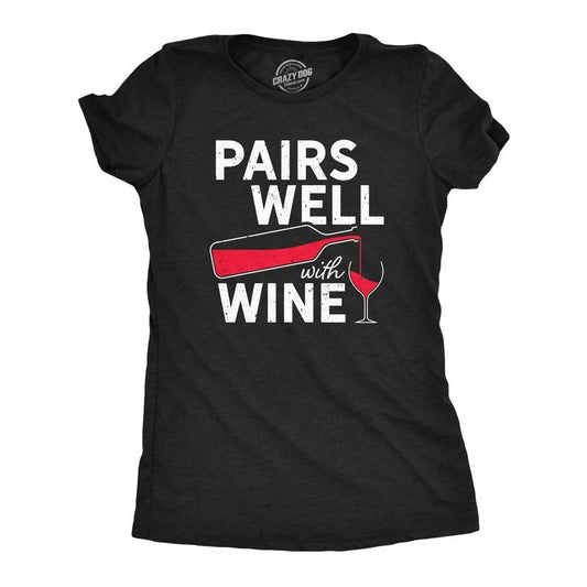 Womens Pairs Well With Wine T Shirt Funny Alcohol Drinking Lovers Tee For Ladies Funny Womens T Shirts Cute Slimming Top Comfortable Soft Womenswear Funny Wine Top Women's Novelty Tees Black -
