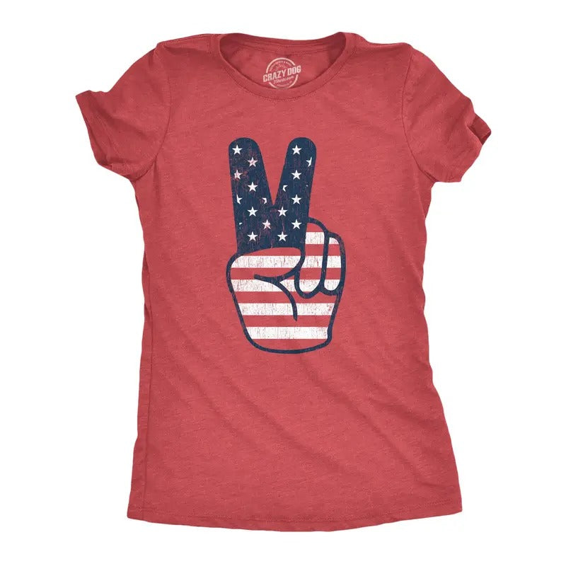 Womens Peace Sign American Flag T Shirt 4th Of July USA Patriotic Party Graphic Tee Funny Womens T Shirts Cute Slimming Top Comfortable Red
