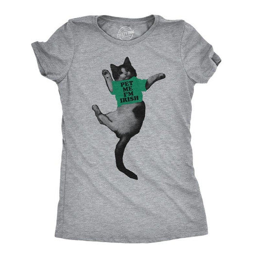 Womens Pet Me Im Irish Funny Kitten St. Patrick's Day Crazy Cat Lover T Shirt Funny Womens T Shirts Cute Slimming Top Comfortable Soft Light Grey