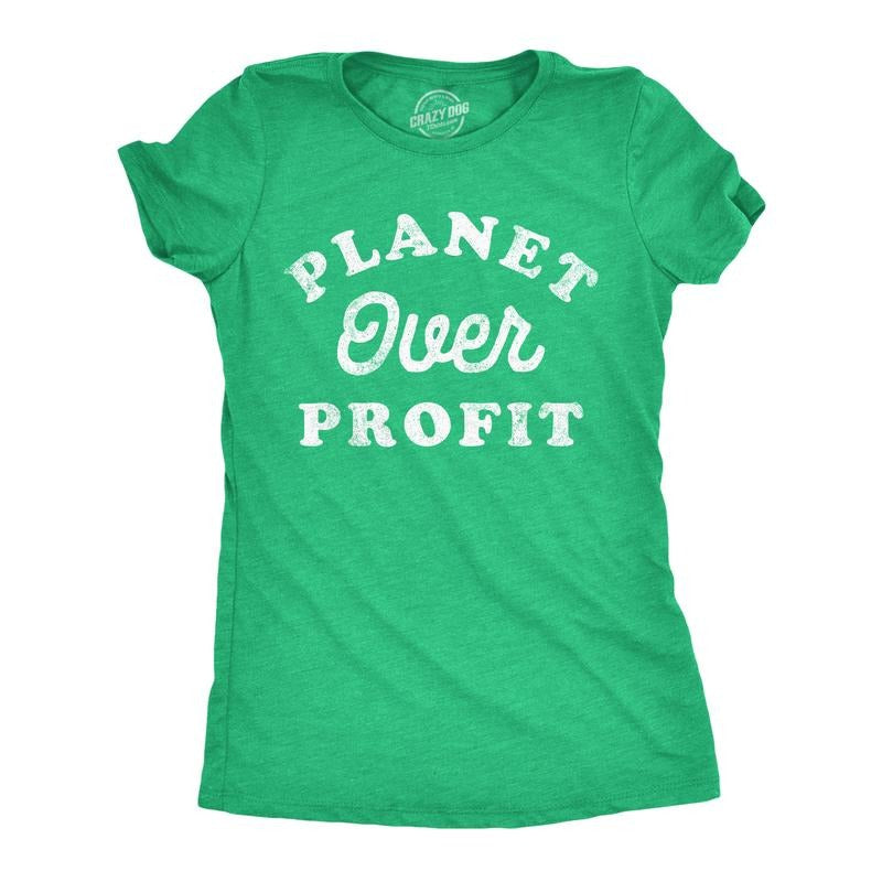 Womens Planet Over Profit Funny T Shirts Earth Day Graphic Tee For Ladies Funny Womens T Shirts Cute Slimming Top Comfortable Soft Womenswear Funny Environmental Top Women's Novelty Tees Green -