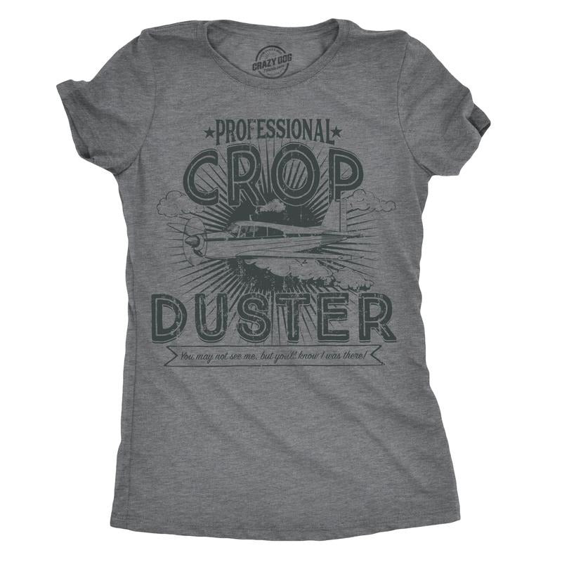 Womens Professional Crop Duster Funny Fart T shirt Rude Farting Top for Ladies Funny Womens T Shirts Cute Slimming Top Comfortable Soft Womenswear Funny Funny Adult Humor Top Women's Novelty Tees Dark Grey
