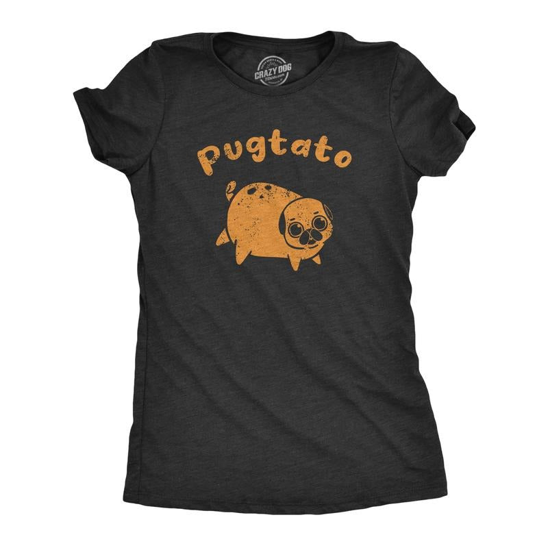 Womens Pugtato T Shirt Funny Cute Adorable Pug Potato Puppy Tee for Ladies Funny Womens T Shirts Cute Slimming Top Comfortable Soft Womenswear Food Tops for Women Funny Dog Top Women's Novelty Tees Black -