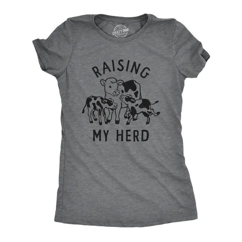 Womens Raising My Herd T Shirt Funny Cute Mother Cow Calf Tee For Ladies Funny Womens T Shirts Cute Slimming Top Comfortable Soft Womenswear Mother's Day Tops for Women Women's Novelty Tees Dark Grey