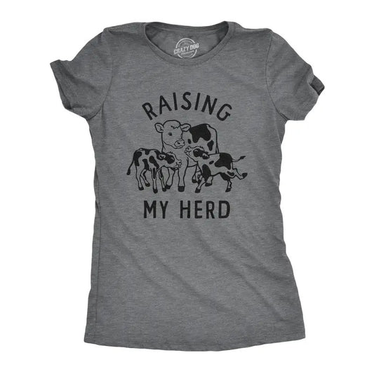 Womens Raising My Herd T Shirt Funny Cute Mother Cow Calf Tee For Ladies Funny Womens T Shirts Cute Slimming Top Comfortable Soft Womenswear Mother's Day Tops for Women Women's Novelty Tees Dark Grey