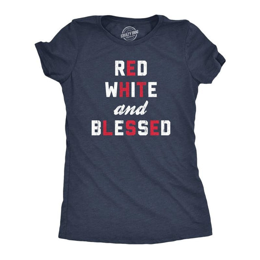 Womens Red White And Blessed T Shirt Funny Fourth Of July Party Text Tee For Ladies Funny Womens T Shirts Cute Slimming Top Comfortable Soft Womenswear Patriotic Tops for Women Women's Novelty Tees Navy