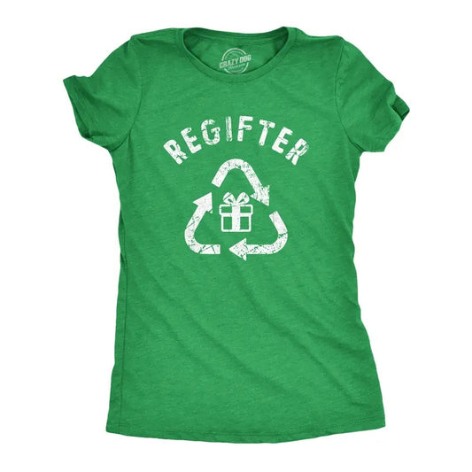 Womens Regifter T Shirt Funny Xmas Giving Recycled Presents Tee For Ladies Funny Womens T Shirts Cute Slimming Top Comfortable Soft Womenswear Christmas Tops for Women Women's Novelty Tees Green -