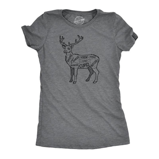 Womens Reindeer Meat Cuts T Shirt Funny Xmas Deer Hunter Butcher Joke Tee For Ladies Funny Womens T Shirts Cute Slimming Top Comfortable Soft Womenswear Christmas T Shirt for Women Funny Sarcastic T Dark Grey