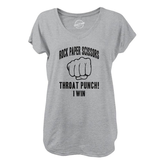 Womens Rock Paper Scissors Throat Punch V-Neck Funny Sarcastic Humor Novelty Shirt For Ladies Funny Shirts for Women Funny Sarcastic  Women's Novelty Tees Light Grey