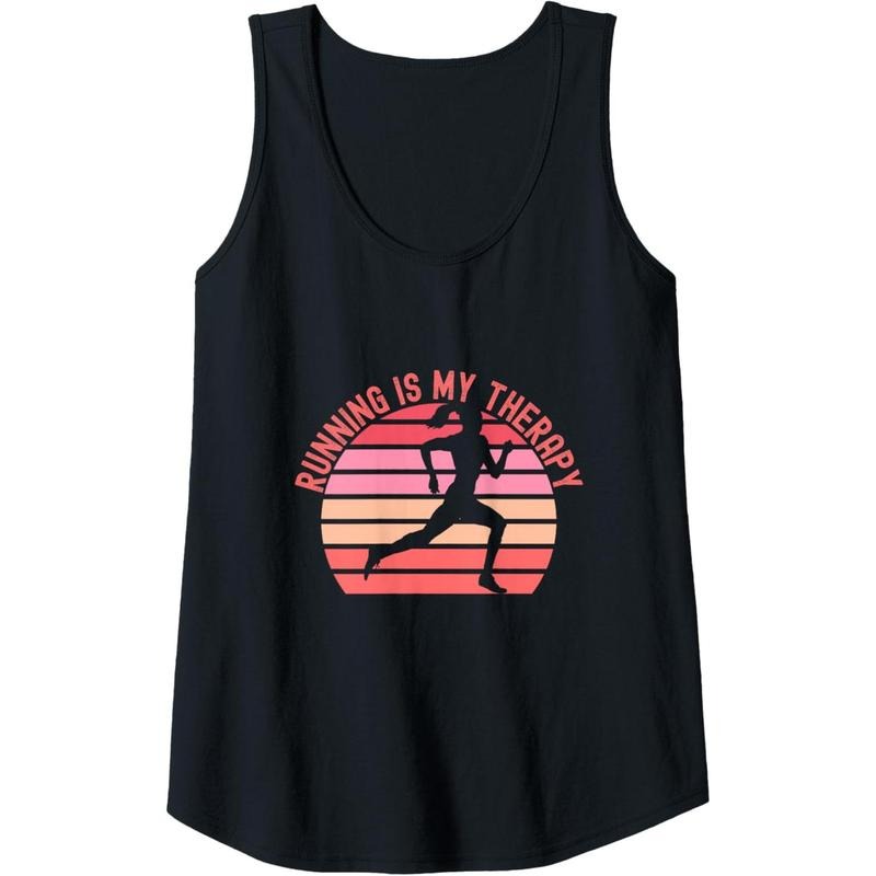 Womens Running is My Therapy Girl Runner Retro Sunset Funny Tank Top Made in USA