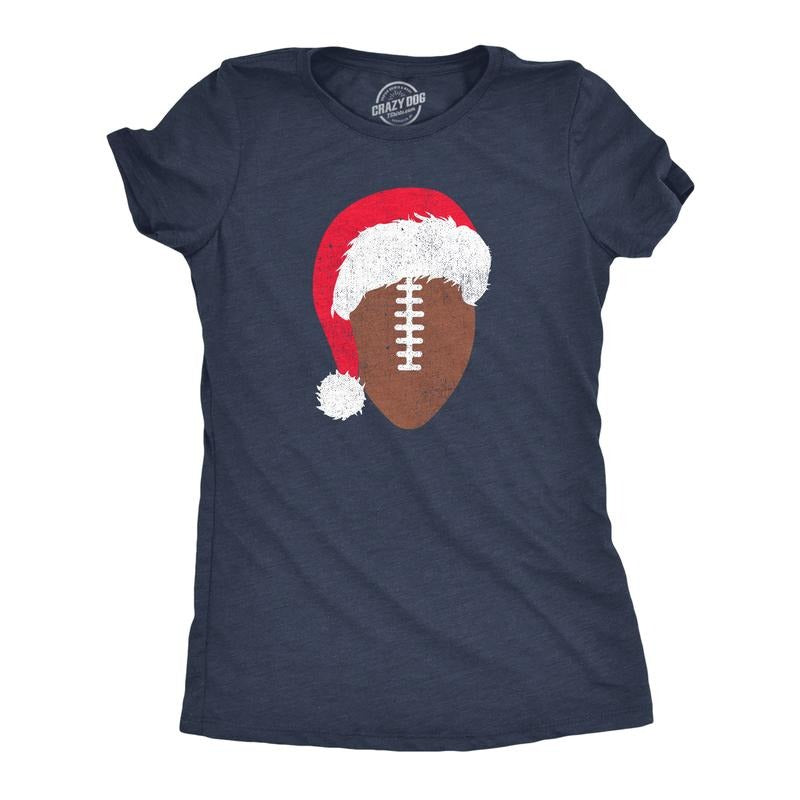 Womens Santa Football T Shirt Funny Xmas Lovers Foot Ball Season Tee For Ladies Funny Womens T Shirts Cute Slimming Top Comfortable Soft Womenswear Christmas Tops for Women Funny Football Top Women's Navy -