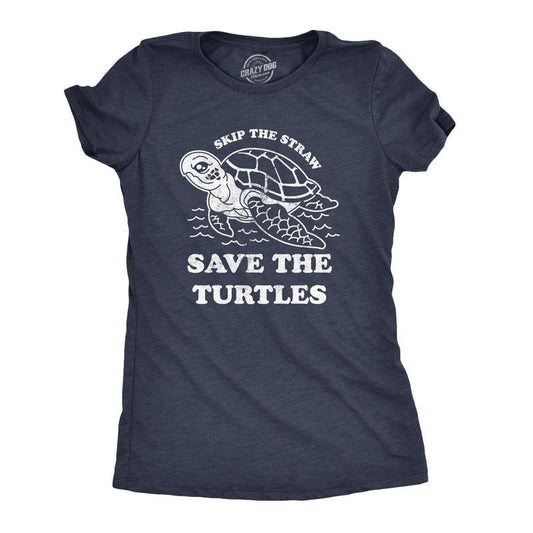 Womens Skip The Straw Save The Turtles Tshirt Environmental Awareness Tee Funny Womens T Shirts Cute Slimming Top Comfortable Soft Womenswear Environmental T Shirt for Women Funny Animal T Shirt Navy