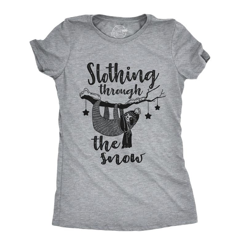 Womens Slothing Through The Snow T Shirt Funny Christmas Carol Sloth Tee Funny Womens T Shirts Cute Slimming Top Comfortable Soft Womenswear Christmas Tops for Women Funny Animal Top Women's Novelty Light Grey