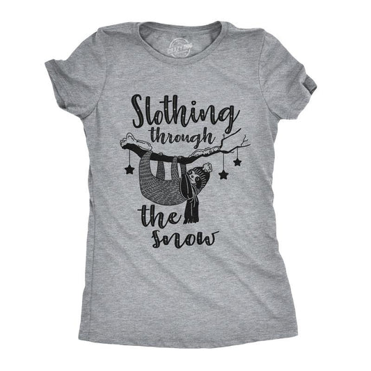 Womens Slothing Through The Snow T Shirt Funny Christmas Carol Sloth Tee Funny Womens T Shirts Cute Slimming Top Comfortable Soft Womenswear Christmas Tops for Women Funny Animal Top Women's Novelty Light Grey