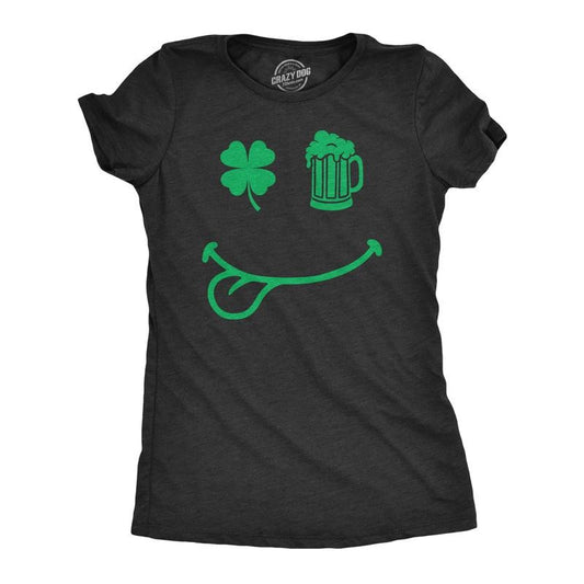 Womens St Pat Smile T Shirt Funny Saint Pattys Day Parade Smiling Face Tee for Ladies Funny Womens T Shirts Cute Slimming Top Comfortable Soft Womenswear Saint Patrick's Day Tops for Women Women's Black -
