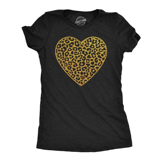 Womens T Shirts Gold Glitter Leopard Print Heart Cute Graphic Tee Funny Womens T Shirts Cute Slimming Top Comfortable Soft Womenswear Funny Sarcastic Top Women's Novelty Tees Black -