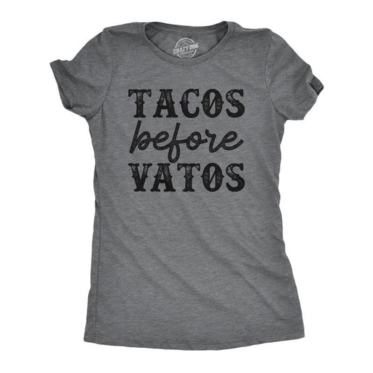 Womens Tacos Before Vatos T Shirt Funny Mexican Food Lovers Joke Tee For Ladies Funny Womens T Shirts Cute Slimming Top Comfortable Soft Womenswear Sarcastic Tops for Women Funny Food Top Women's Dark Grey