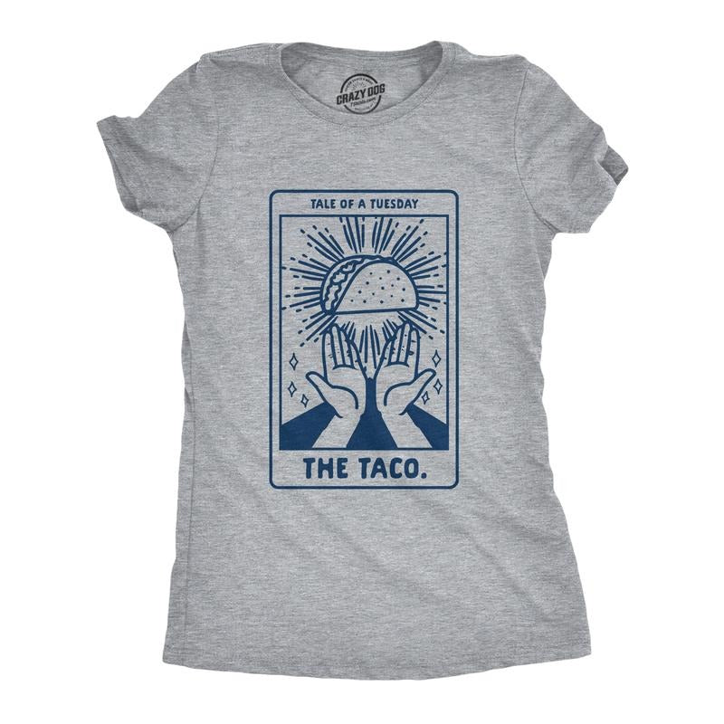 Womens Tale Of A Tuesday Taco T Shirt Funny Taco Tuesday Tarot Card Graphic Tee Funny Womens T Shirts Cute Slimming Top Comfortable Soft Womenswear Cinco De Mayo Tops for Women Funny Food Top Women's Light Grey