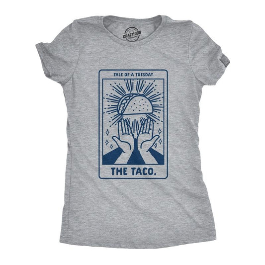 Womens Tale Of A Tuesday Taco T Shirt Funny Taco Tuesday Tarot Card Graphic Tee Funny Womens T Shirts Cute Slimming Top Comfortable Soft Womenswear Cinco De Mayo Tops for Women Funny Food Top Women's Light Grey
