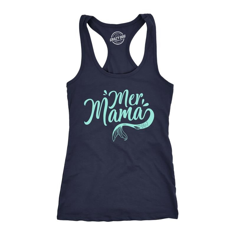 Womens Tank MerMama Tanktop Funny Mothers Day Mermaid Shirt Funny Racerback Tank Cute Slimming Tank tops comfortable soft top Mother's Day Tank Top for Women Novelty Tank Tops for Women Navy
