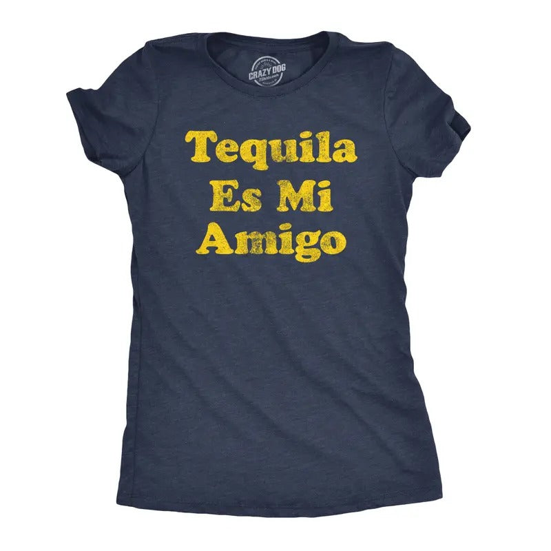 Womens Tequila Es Mi Amigo T Shirt Funny Drinking Friend Humor Tee Funny Womens T Shirts Cute Slimming Top Comfortable Soft Womenswear Cinco De Mayo Tops for Women Funny Drinking Top Women's Novelty Navy