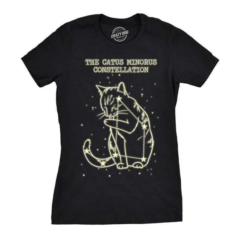 Womens The Catus Minorus Constellation Glow In The Dark T Shirt Funny Cats Tee Funny Womens T Shirts Cute Slimming Top Comfortable Soft Womenswear Cat Tops for Women Funny Science Top Women's Novelty Black -