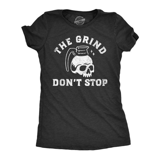 Womens The Grind Dont Stop T Shirt Funny Spooky Halloween Coffee Pot Skull Joke Tee For Ladies Funny Womens T Shirts Cute Slimming Top Comfortable Soft Womenswear Halloween Tops for Women Funny Coffee Black -
