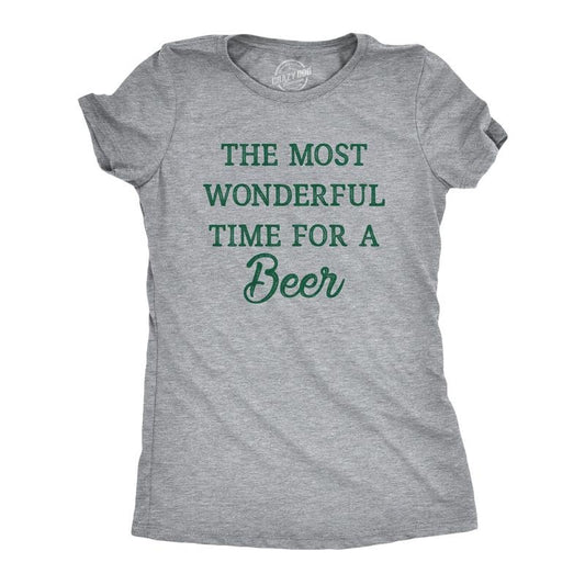 Womens The Most Wonderful Time for A Beer T Shirt Funny Xmas Drinking Ale Lovers Tee for Ladies Funny Womens T Shirts Cute Slimming Top Comfortable Soft Womenswear Christmas Tops for Women Funny Beer Light Grey