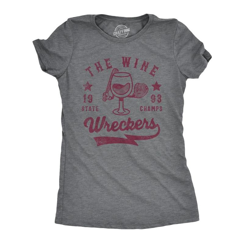 Womens The Wine Wreckers State Champs T Shirt Funny Booze Baseball Team Tee For Ladies Funny Womens T Shirts Cute Slimming Top Comfortable Soft Womenswear Baseball Tops for Women Funny Wine Top Dark Grey