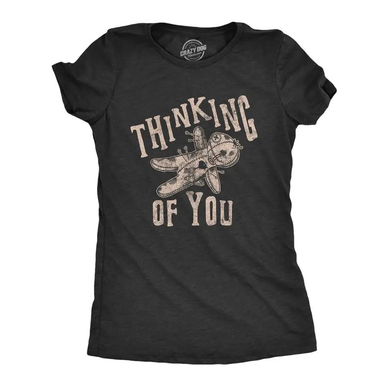 Womens Thinking Of You T Shirt Funny Voodoo Doll Graphic Novelty Tee Funny Womens T Shirts Cute Slimming Top Comfortable Soft Black
