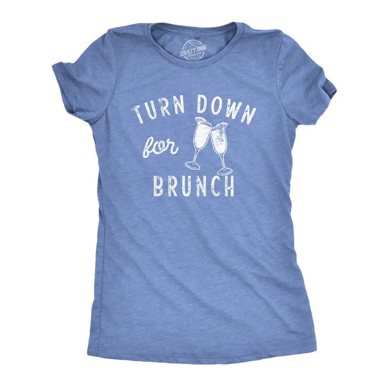 Womens Turn Down For Brunch T Shirt Funny Breakfast Mimosa Drinking Lovers Tee For Ladies Funny Womens T Shirts Cute Slimming Top Comfortable Soft Womenswear Drinking T Shirt for Women Funny Food T Light Blue