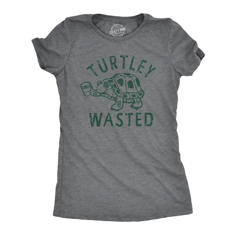 Womens Turtley Wasted T Shirt Funny Partying Drinking Turtle Joke Tee for Ladies Funny Womens T Shirts Cute Slimming Top Comfortable Soft Womenswear Animal Tops for Women Funny Drinking Top Women's Dark Grey