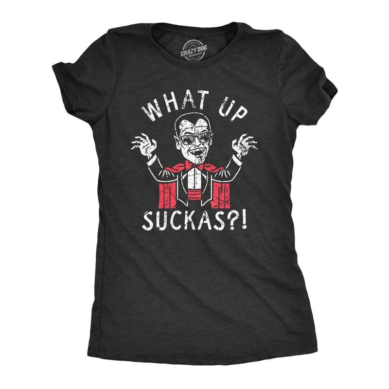 Womens What Up Suckas T Shirt Funny Spooky Halloween Party Vampire Tee for Ladies Funny Womens T Shirts Cute Slimming Top Comfortable Soft Womenswear Halloween Tops for Women Women's Novelty Tees Black -
