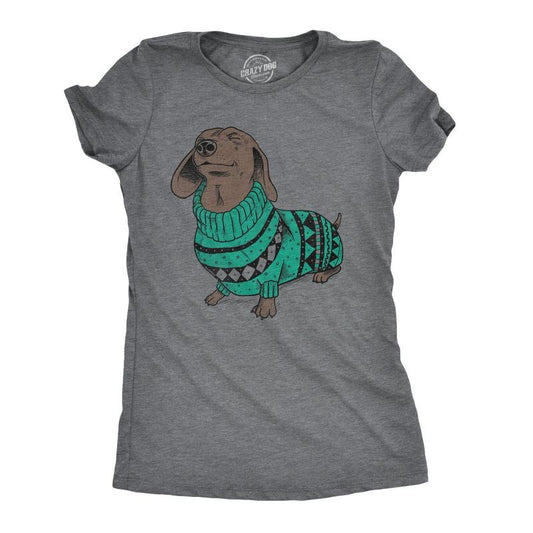 Womens Wiener Dog Ugly Christmas Sweater T shirt Dachshund Pet Owner Mom Tee Funny Womens T Shirts Cute Slimming Top Comfortable Soft Womenswear Christmas Tops for Women Funny Dog Top Women's Novelty Dark Grey