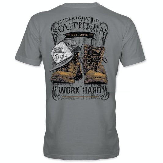 Work Hard - Vintage Work Boots and "WORK HARD" Pocket T-Shirt - Grey