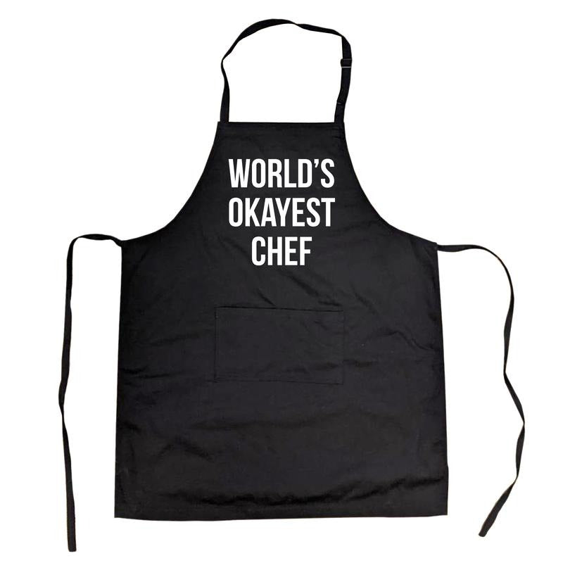 World's Okayest Chef Apron Funny Summer Cookout Apron Funny Aprons Funny Sibling Cover Novelty Cooking Aprons for Men Black