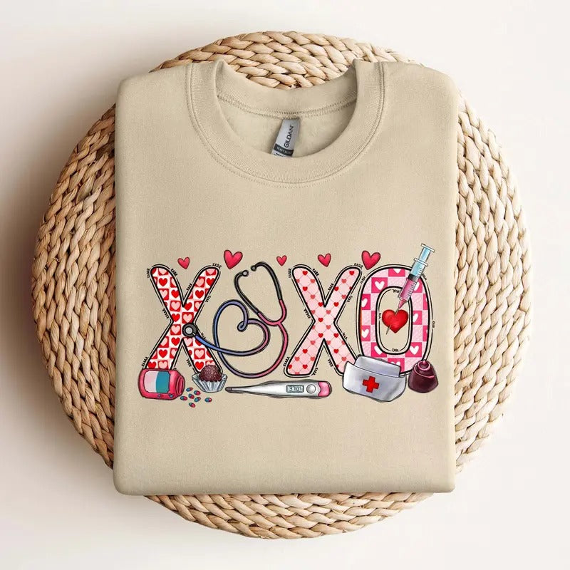 XOXO Nurse Sweatshirt, Valentines Day Shirt, Sweatshirt For Nurse, Valentines Day Gift for Nurse Casual Classic Collar Cotton Fabric Knit