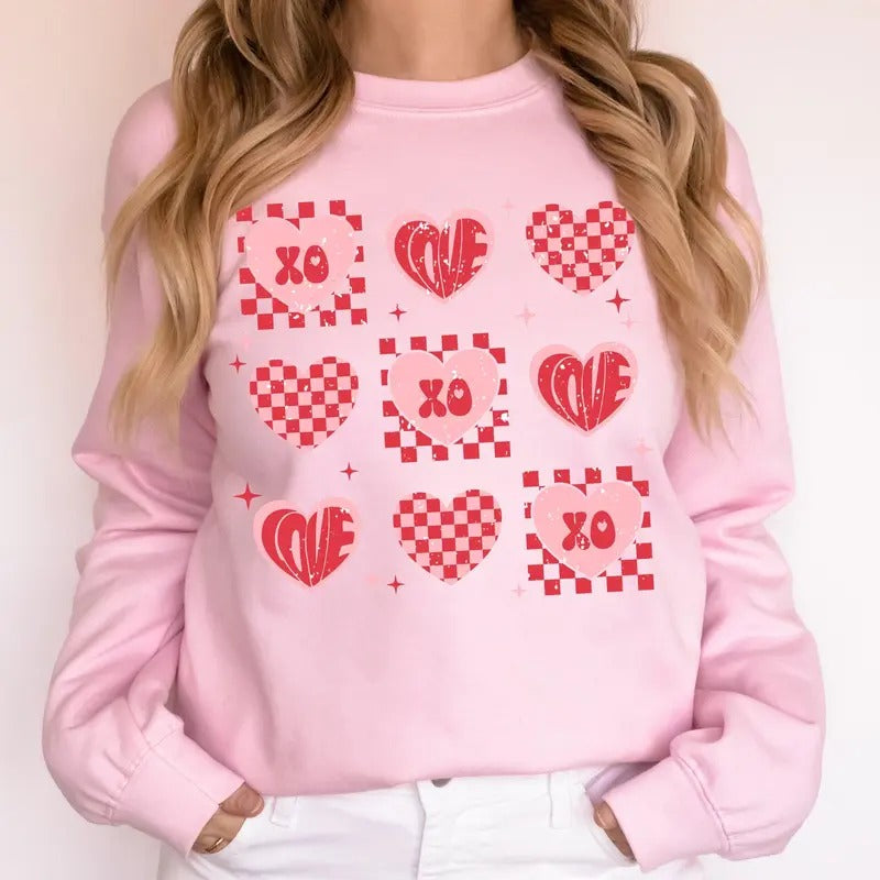 XOXO, Valentine's Day, Checkered, Retro, Love, Hearts Sweatshirt, Crew Neck, Women's, Crewneck, Valentine's Day, Love, Heart, Cupid