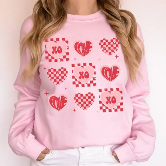 XOXO, Valentine's Day, Checkered, Retro, Love, Hearts Sweatshirt, Crew Neck, Women's, Crewneck, Valentine's Day, Love, Heart, Cupid