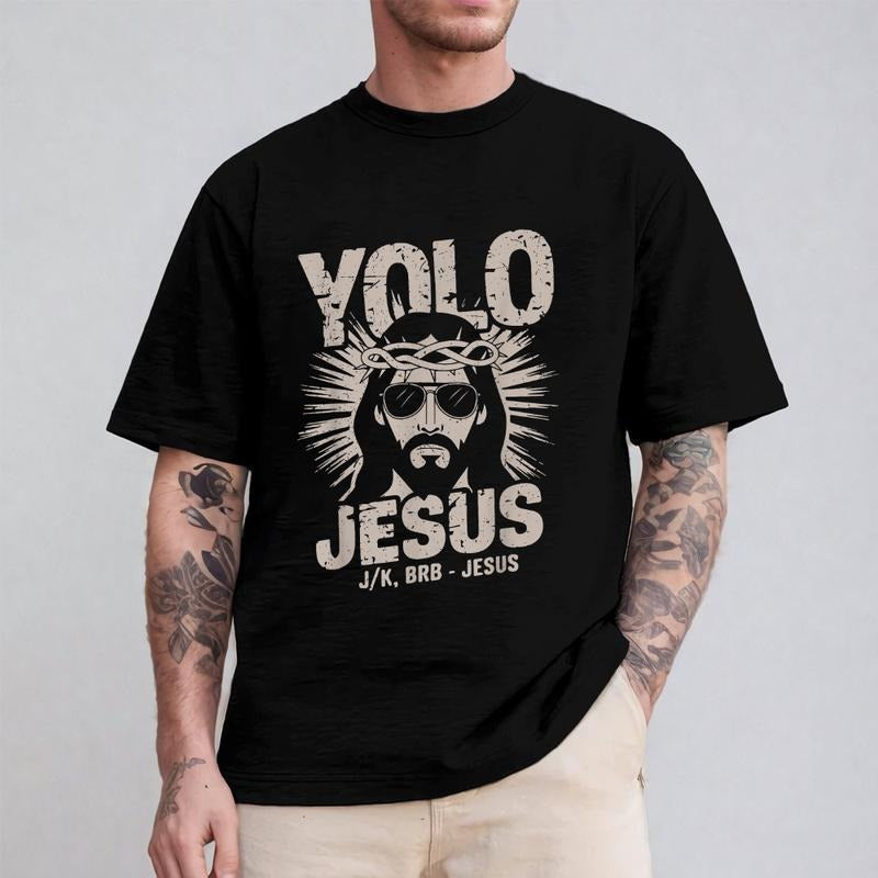 Yolo JK BRB Jesus Funny Tee Pure Cotton Casual Street Style Crew Neck Short Sleeve T-Shirt Tops Trendy For Women For Men, Perfect Gift