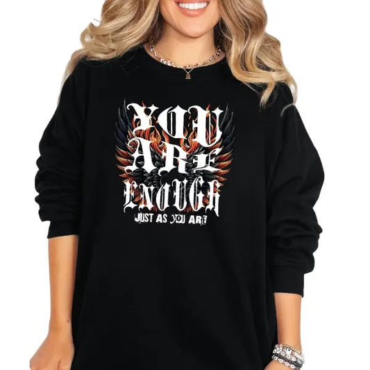 You Are Enough with Angel Wings Crewneck Sweatshirt, T Shirt, Hoodie Grunge Aesthetic Pullover | Casual, Streetwear Cotton Fit, Skulls