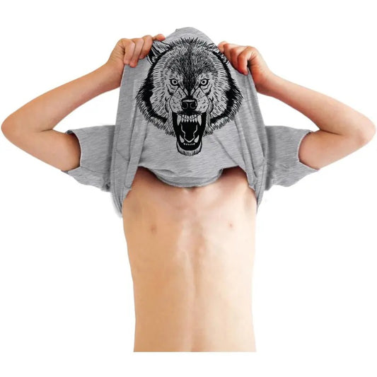 Youth Ask Me About My Wolf Awesome Flip Shirt for Kids Funny T Shirts Animal Tops for Kids Funny Flip Short Sleeve Novelty Tees for Kids Light Grey