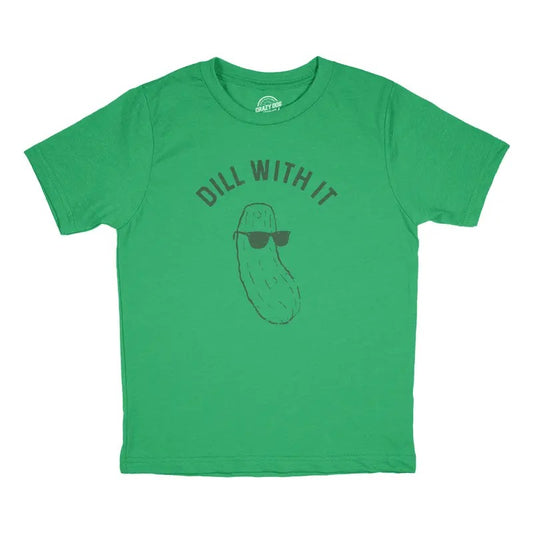 Youth Dill With It T Shirt Funny Pickles Deal With It Vegetable Joke Tee For Kids Funny T Shirts Sarcastic Tops for Kids Funny Food Short Sleeve Novelty Tees for Kids Green -