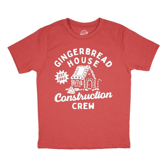 Youth Gingerbread House Construction Crew T Shirt Funny Xmas Treat Joke Tee For Kids Funny T Shirts Christmas Tops for Kids Funny Sarcastic Short Sleeve Novelty Tees for Kids Red -