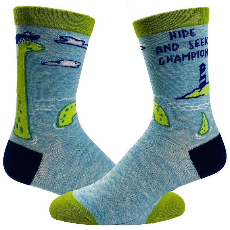 Youth Hide And Seek Champion Socks Funny Loch Ness Monster Novelty Graphic Footwear Funny Graphic Socks Comfortable Fitted Spandex Cotton