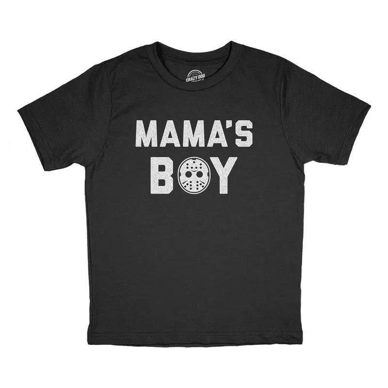 Youth Mama's Boy T Shirt Funny Halloween Horror Movie Hockey Mask Graphic Tee Funny T Shirts Halloween Tops for Kids Funny Movie Short Sleeve Novelty Tees for Kids Black