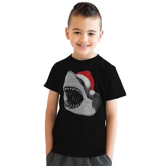 Youth Santa Jaws Funny Holiday Shark Christmas Cool Novelty T shirt for Kids Funny T Shirts Christmas Tops for Kids Funny Shark Short Sleeve Novelty Tees for Kids Black