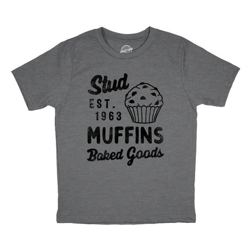 Youth Stud Muffins Baked Goods T Shirt Funny Bakery Joke Tee For Kids Funny T Shirts Sarcastic Tops for Kids Funny Food Short Sleeve Novelty Tees for Kids Dark Grey